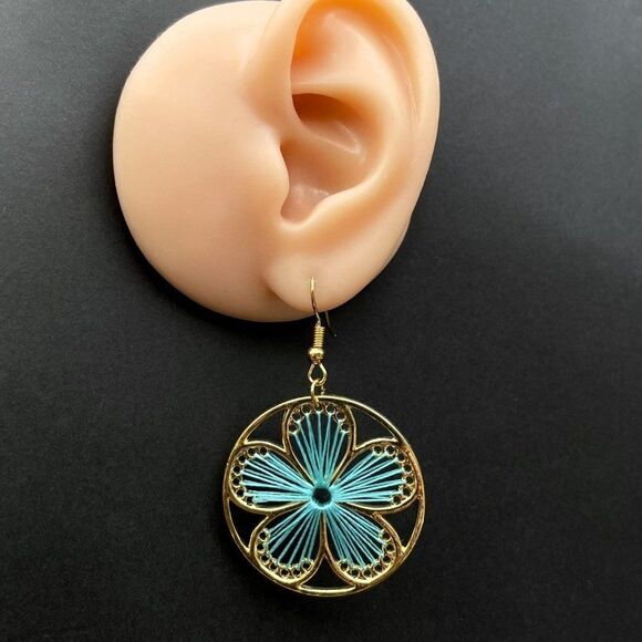 Yellow Gold with Round Blue Threaded Flower Dangling Drop Hook Earrings - Picture 7 of 8